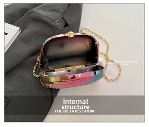 Detail showing rainbow gradient shell bag with acrylic chain and transparent accordion side