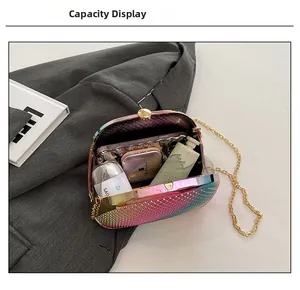 Detail showing the internal capacity of a rainbow shell clutch with gold chain strap