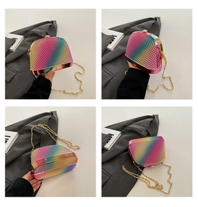 Detailed views of rainbow gradient shell clutch bag with metallic diamond texture and gold chain