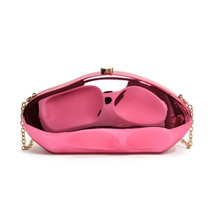 Pink mirror-finish irregular acrylic clutch bag with gold chain strap for party