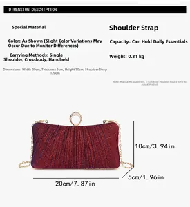 Detail showing dimensions of wine red glitter evening clutch with rhinestone ring buckle