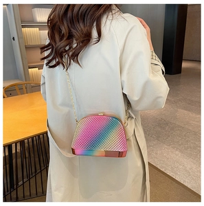 Detailed back view of a rainbow shell crossbody bag with acrylic chain on a model