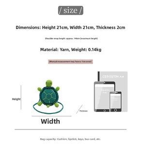 Size comparison of green knitted turtle bag with iPad and iPhone for scale