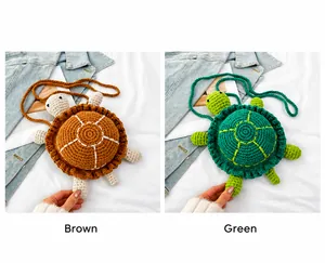 Detail of handcrafted crochet turtle bags in brown and green with woven straps