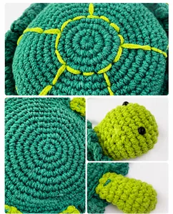 Detail view of the intricate crochet stitching and green shell patterns on the turtle bag