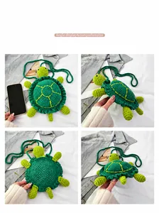 Detailed four-angle view of a handmade green crochet turtle-shaped crossbody bag