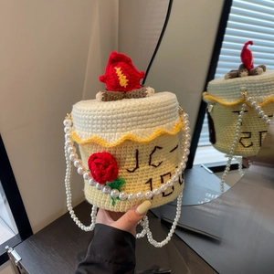 Sac Bandoulière en Forme de Gâteau au Crochet Fait à la Main Pour Femmes Style Mori Doux Chaîne de Künstliche Perles Sac Seau en Tricot Cadeau Fille