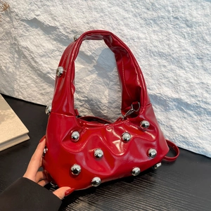 Sac Hobo À Rivets Pour Femmes En Cuir PU Sac À Main Plissé Brillant Avec Clous Métalliques Punk Street Tendance Chic
