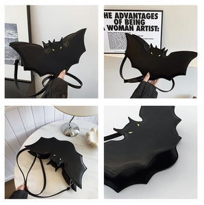 Detailed views of a black bat-shaped PU leather crossbody bag with neon green eyes