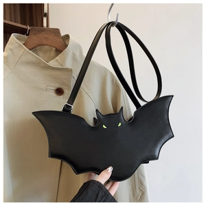 Detailed view of this unique black bat-shaped PU leather crossbody bag for Halloween fashion