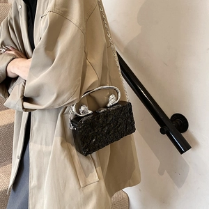Sac boîte en acrylique noir à texture craquelée et poignée tête de lion pour soirée chic