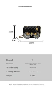 Detailed size chart for the rhinestone owl crossbody bag with 20x15x8cm dimensions