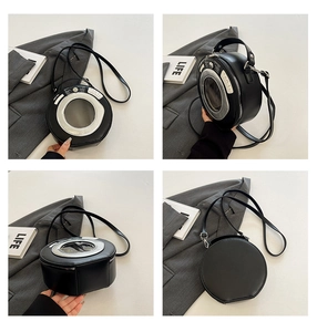 Creative washing machine shaped handbag shown from multiple angles in black matte leather