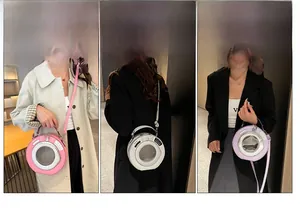 Detailed views of creative washing machine shaped crossbody bags in pink, beige and purple
