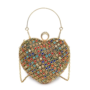 Exquisite heart-shaped evening clutch bag with colorful rhinestones and gold handle