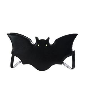 Halloween bat-shaped black PU leather shoulder bag with vibrant green eyes for women