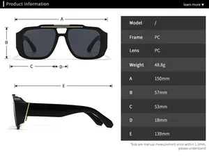 Größentabelle für Retro-Oversize-Sonnenbrille mit Goldverzierung und PC-Rahmen