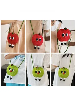 Detailed views of handmade crochet apple crossbody bags in red and green colors