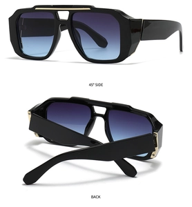 Details von quadratischem schwarzem Rahmen und blauem Verlauf der Retro-Sonnenbrille