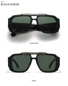 Detailansicht der quadratischen schwarzen Sonnenbrille mit dunkelgrünen Gläsern und Goldsteg