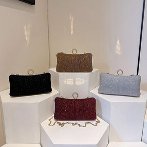 Sparkly glitter chain evening clutch bags in multiple colors with rhinestone ring locks