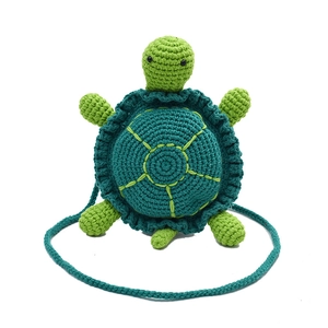 Handmade green knitted turtle crossbody bag with crochet shell and long strap
