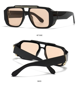 Detailansicht der quadratischen schwarzen Sonnenbrille mit Goldsteg und braunen Gläsern