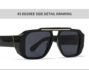 45-Grad-Seitenansicht der Oversize-Quadrat-Sonnenbrille in Schwarz mit Goldakzenten
