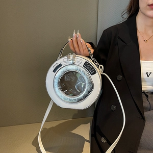 Creative laundry machine shaped round crossbody bag with silver window and top handle