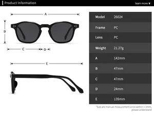 Detailed size chart and specifications for retro round polarized sunglasses model 26024