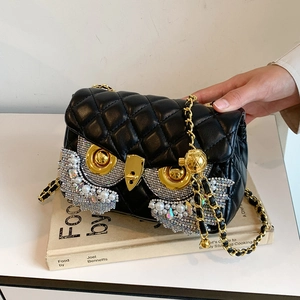 Owl Shape Quilted PU Leather Crossbody Bag Rhinestone Tassel Flap Shoulder Purse With Adjustable Gold Ball Chain