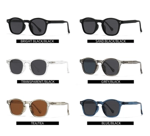 Collage showing six color variations of retro round polarized sunglasses with frames
