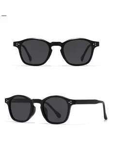 Dual view of round vintage polarized sunglasses in bright black with triple metal pins