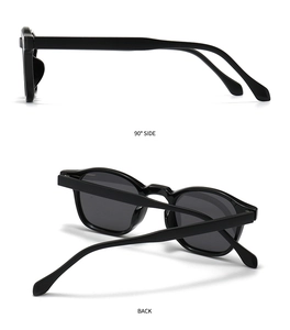 Detail view of modern retro round sunglasses showing 90-degree side profile and back frame