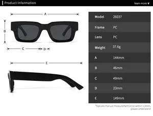 Detailed size chart for square polarized sunglasses with precise frame measurements