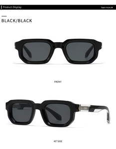 Vue de face et de profil de lunettes de soleil noires étroites avec détail argenté