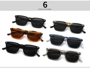 Close-up of polarized square sunglasses showcasing six color options with metal rivets