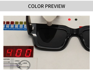 Black square frame sunglasses being tested for UV400 protection on a digital device