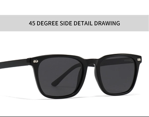 Detail view of black square polarized sunglasses with silver rivets and sleek side profile