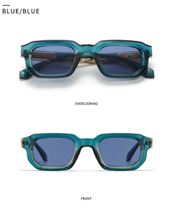 Détails macro de lunettes de soleil rectangulaires bleues, vues de face et de dessus