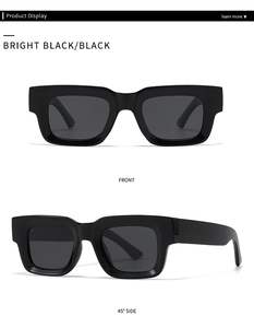 Front and 45-degree angle views of large square bright black polarized sunglasses