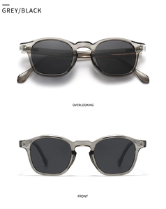 Detail view of grey translucent frame sunglasses with polarized lenses and metal rivets
