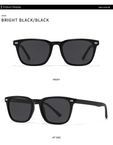 Front and side view of classic bright black square polarized sunglasses with silver rivets