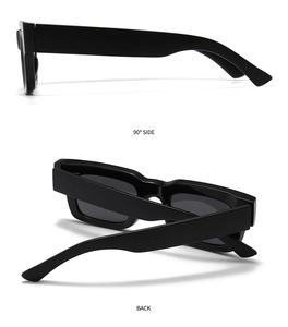 Detail views showing 90-degree side and back folded black rectangular polarized sunglasses
