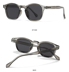 Detail view of transparent grey sunglasses with dark lenses and model number A0085R