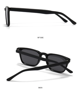 Detail view of black square frame sunglasses showing 90-degree side and back folding structure