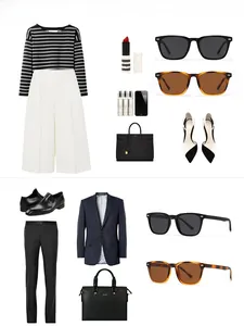 Flat lay of polarized sunglasses styled with casual outfits for men and women