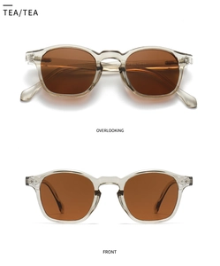 Detail view of round retro polarized sunglasses showing tea lenses and side arm specs