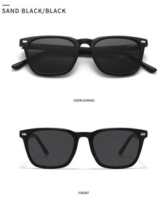 Front and top view of matte black polarized sunglasses with silver metal rivets on frames