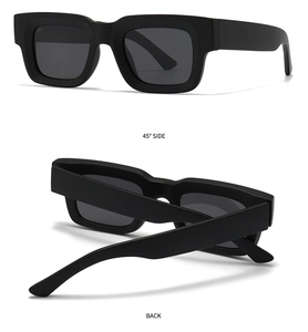 Detailed views showing 45-degree side and back of matte black square frame sunglasses